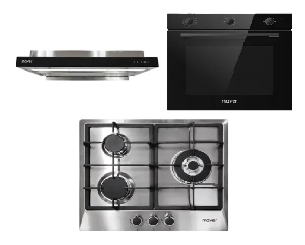 Mayer MMGH/SS633 60cm 3 Burner Glass Gas Hob   MMSI903OT Cm Semi-integrated Hood With Oil Tray   MMDO8R 60 cm Built-in Oven with Smoke Ventilation