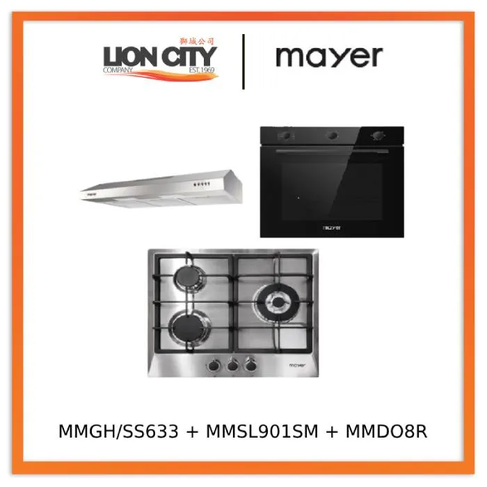Mayer MMGH/SS633 60cm 3 Burner Glass Gas Hob   MMSL901SM 90 Cm Slimline Hood   MMDO8R 60 cm Built-in Oven with Smoke Ventilation