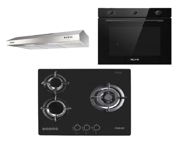Mayer MMGH/SS633 60cm 3 Burner Glass Gas Hob   MMSL901SM 90 Cm Slimline Hood   MMDO8R 60 cm Built-in Oven with Smoke Ventilation