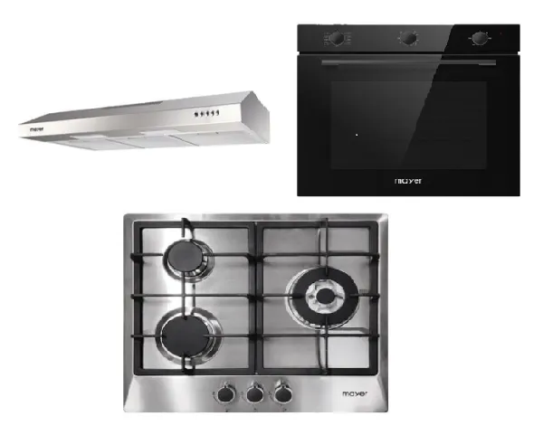 Mayer MMGH/SS633 60cm 3 Burner Glass Gas Hob   MMSL901SM 90 Cm Slimline Hood   MMDO8R 60 cm Built-in Oven with Smoke Ventilation