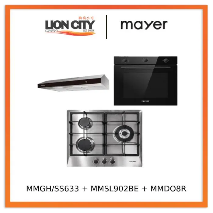 Mayer MMGH/SS633 60cm 3 Burner Glass Gas Hob   MMSL902BE  90cm Slimline Hood   MMDO8R 60 cm Built-in Oven with Smoke Ventilation