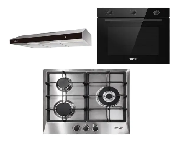 Mayer MMGH/SS633 60cm 3 Burner Glass Gas Hob   MMSL902BE  90cm Slimline Hood   MMDO8R 60 cm Built-in Oven with Smoke Ventilation
