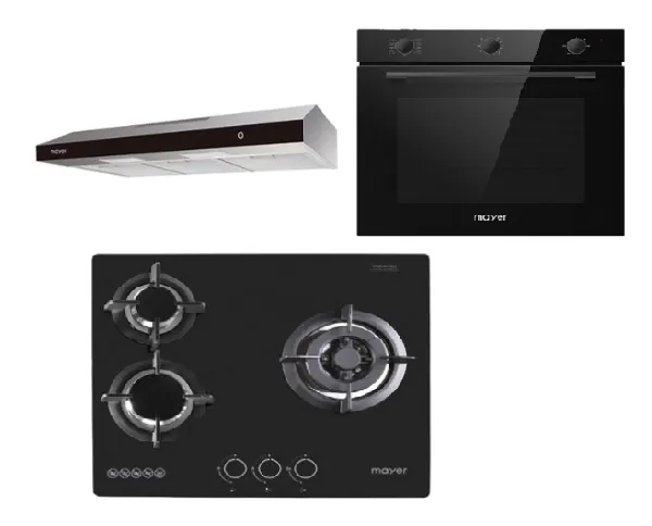 Mayer MMGH/SS633 60cm 3 Burner Glass Gas Hob   MMSL902BE  90cm Slimline Hood   MMDO8R 60 cm Built-in Oven with Smoke Ventilation
