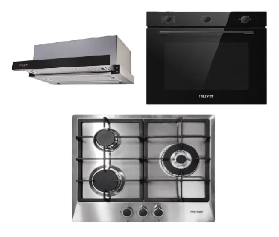 Mayer MMGH/SS633 60cm 3 Burner Glass Gas Hob   MMTH60 Telescopic Hood (60CM)   MMDO8R 60 cm Built-in Oven with Smoke Ventilation