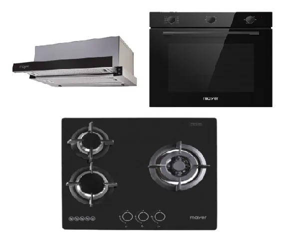Mayer MMGH/SS633 60cm 3 Burner Glass Gas Hob   MMTH60 Telescopic Hood (60CM)   MMDO8R 60 cm Built-in Oven with Smoke Ventilation