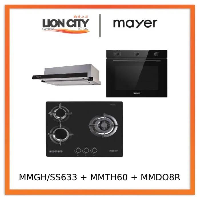 Mayer MMGH/SS633 60cm 3 Burner Glass Gas Hob   MMTH60 Telescopic Hood (60CM)   MMDO8R 60 cm Built-in Oven with Smoke Ventilation