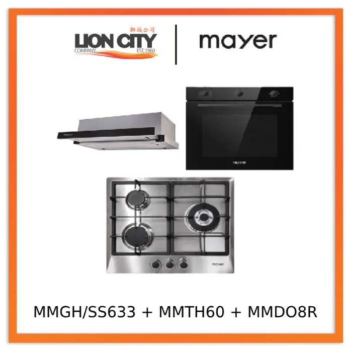 Mayer MMGH/SS633 60cm 3 Burner Glass Gas Hob   MMTH60 Telescopic Hood (60CM)   MMDO8R 60 cm Built-in Oven with Smoke Ventilation