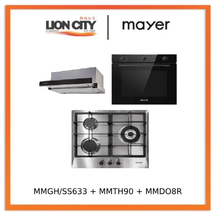 Mayer MMGH/SS633 60cm 3 Burner Glass Gas Hob    MMTH90 Telescopic Hood   MMDO8R 60 cm Built-in Oven with Smoke Ventilation