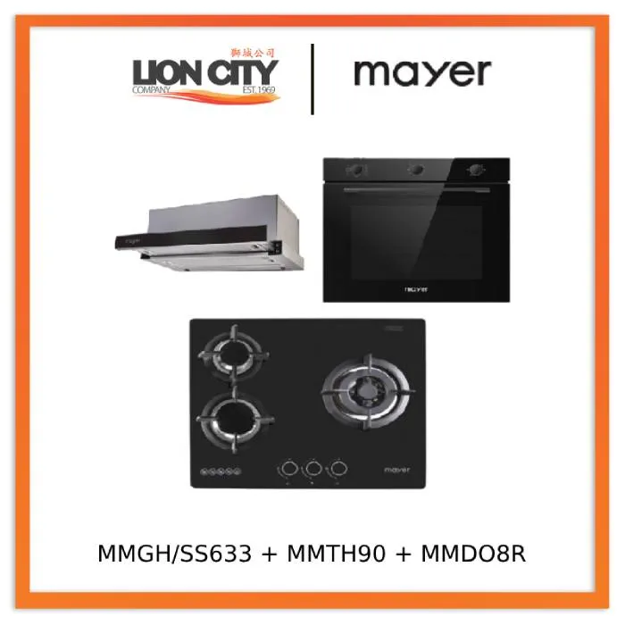 Mayer MMGH/SS633 60cm 3 Burner Glass Gas Hob    MMTH90 Telescopic Hood   MMDO8R 60 cm Built-in Oven with Smoke Ventilation