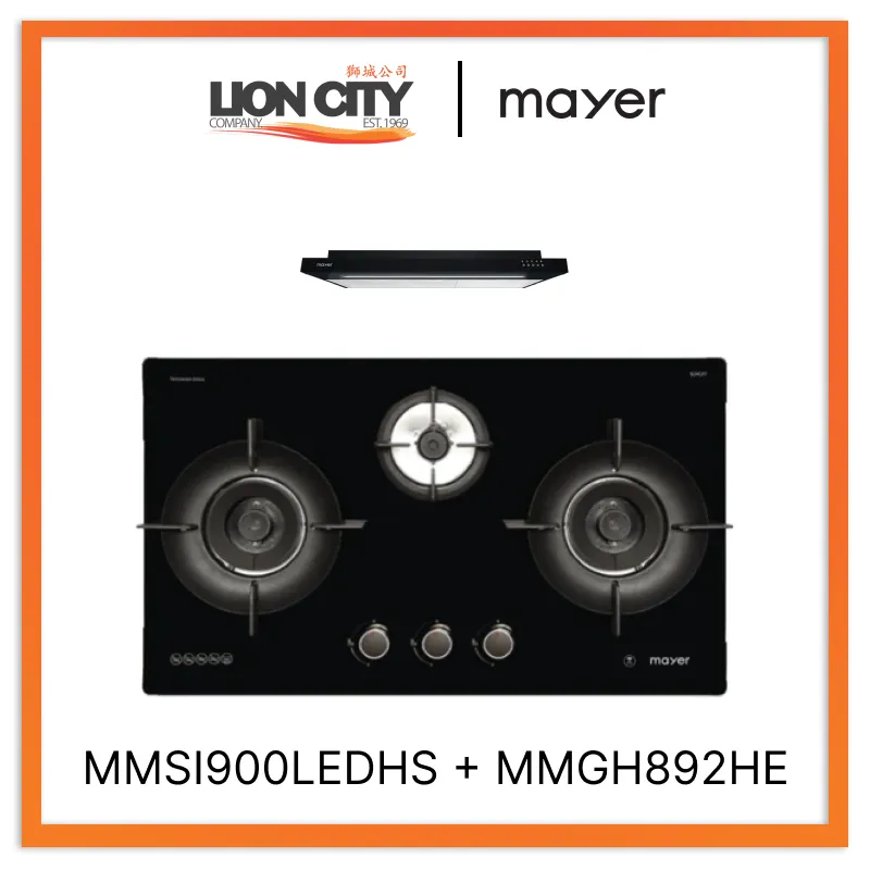 MAYER MMSI900LEDHS 90cm Semi-integrated Slimline Hood   Mayer MMGH892HE 86cm 2 Burner Gas Hob