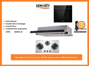 Mayer MMSS773 3 Burner Gas Hob   MMTH90 Telescopic Hood   MMDO8R Built-In Oven