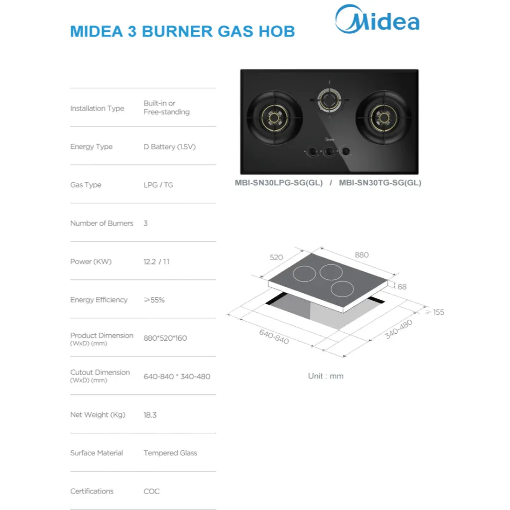 Midea (3 IN 1 Bundle Deal) Built-in Hob MBI-SN30-SG(GL)   Hood MBI-90F26-SG   Oven MBI-65M40-SG