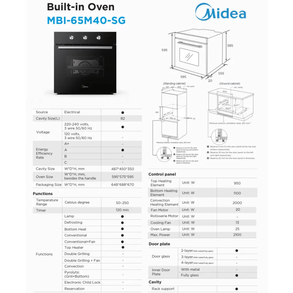 Midea (3 IN 1 Bundle Deal) Built-in Hob MBI-SN30-SG(GL)   Hood MBI-90F26-SG   Oven MBI-65M40-SG
