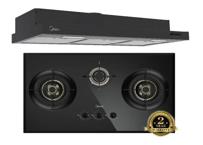 Midea MBI-90F26-SG Built In Range Hood   Midea MBI-SN30 88cm 3 Burner Tempered Glass Cooker Hob Gas Stove