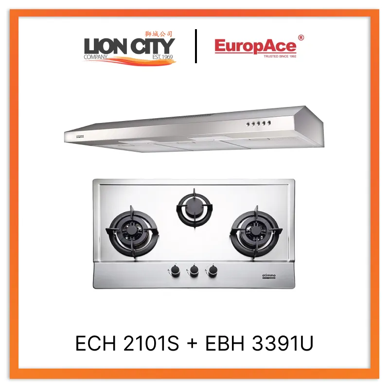 Otimmo ECH2101S 90cm S/Steel Slim Hood   EBH3391U 3 Burner 90cm Slim Gas Cooker Hob (Stainless Steel)