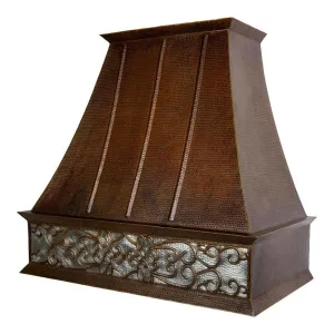 Premier Copper 38 in. Euro Wall Mounted Range Hood with Nickel Background Scroll Design in Hammered Copper