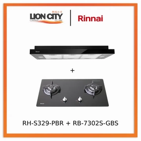 RINNAI RH-S329-PBR 90CM SLIMLINE HOOD WITH TOUCH CONTROL   RINNAI RB-7302S-GBS 2-BURNER TEMPERED GLASS GAS HOB