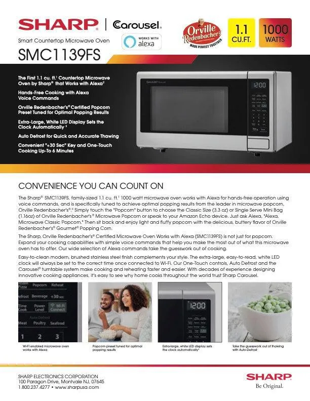 Sharp 1.1 cu. ft. 21 in. Countertop Microwave with Alexa-Enabled Controls in Stainless Steel (SMC1139FS)