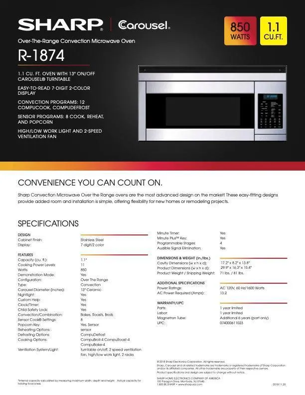 Sharp 1.1 cu. ft. 850W 30 in. Over-the-Range Convection Microwave in Stainless Steel (R1874T)