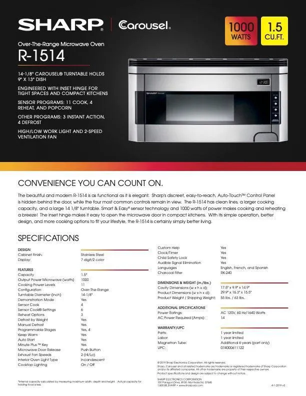 Sharp 1.5 cu. ft. 1000W 30 in. Over-the-Range Microwave Oven with Concealed Control Panel in Stainless Steel (R1514T)