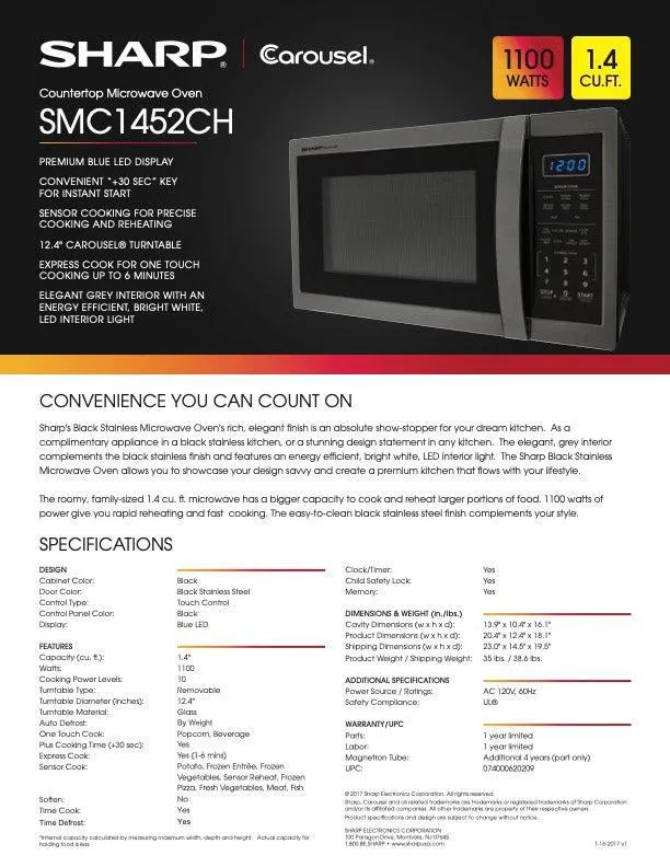 Sharp Carousel 1.4 cu. ft. 1100W 21 in. Countertop Microwave Oven in Black Stainless Steel (SMC1452CH)