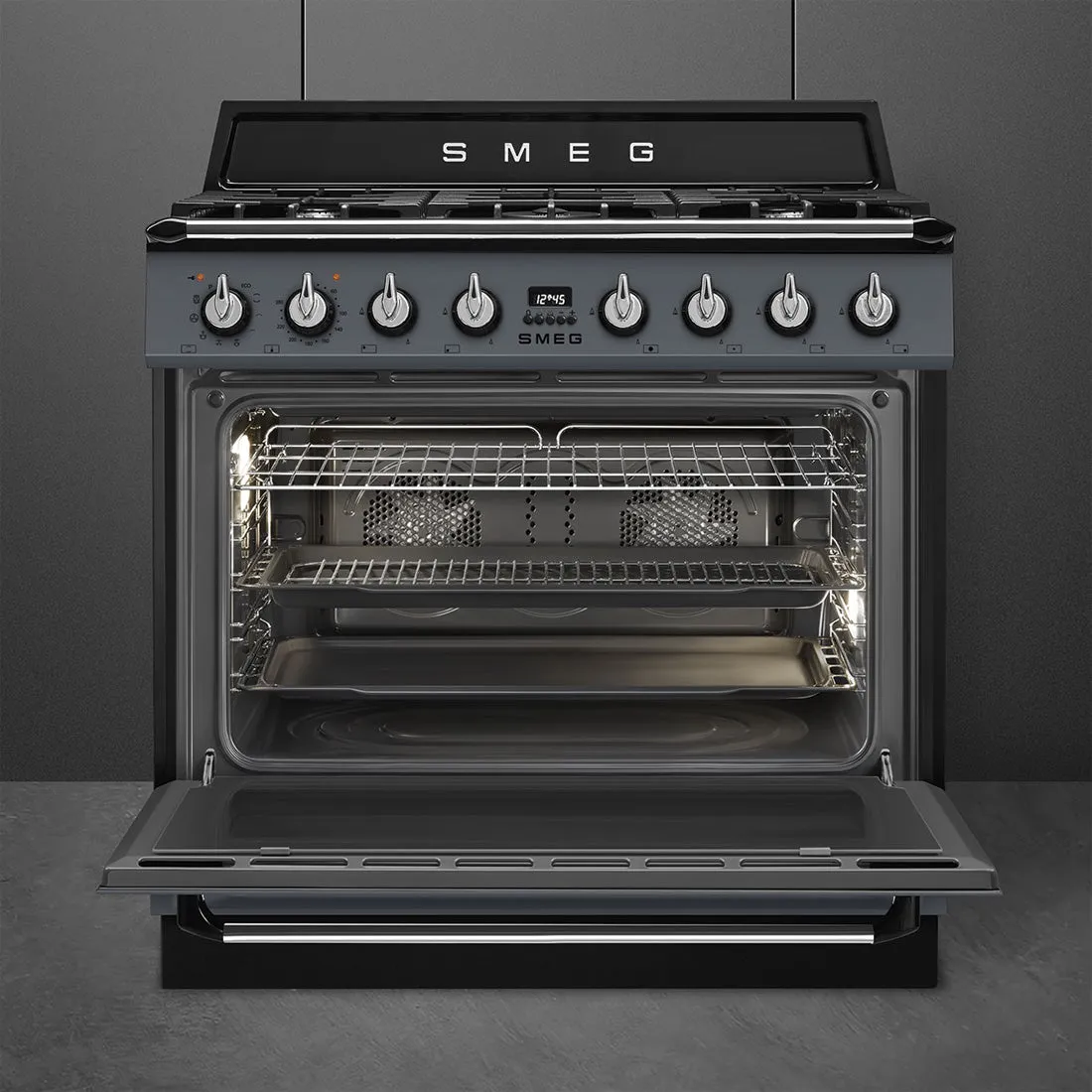 Smeg 90cm Victoria Dual Fuel Pyro Freestanding Cooker Slate Grey