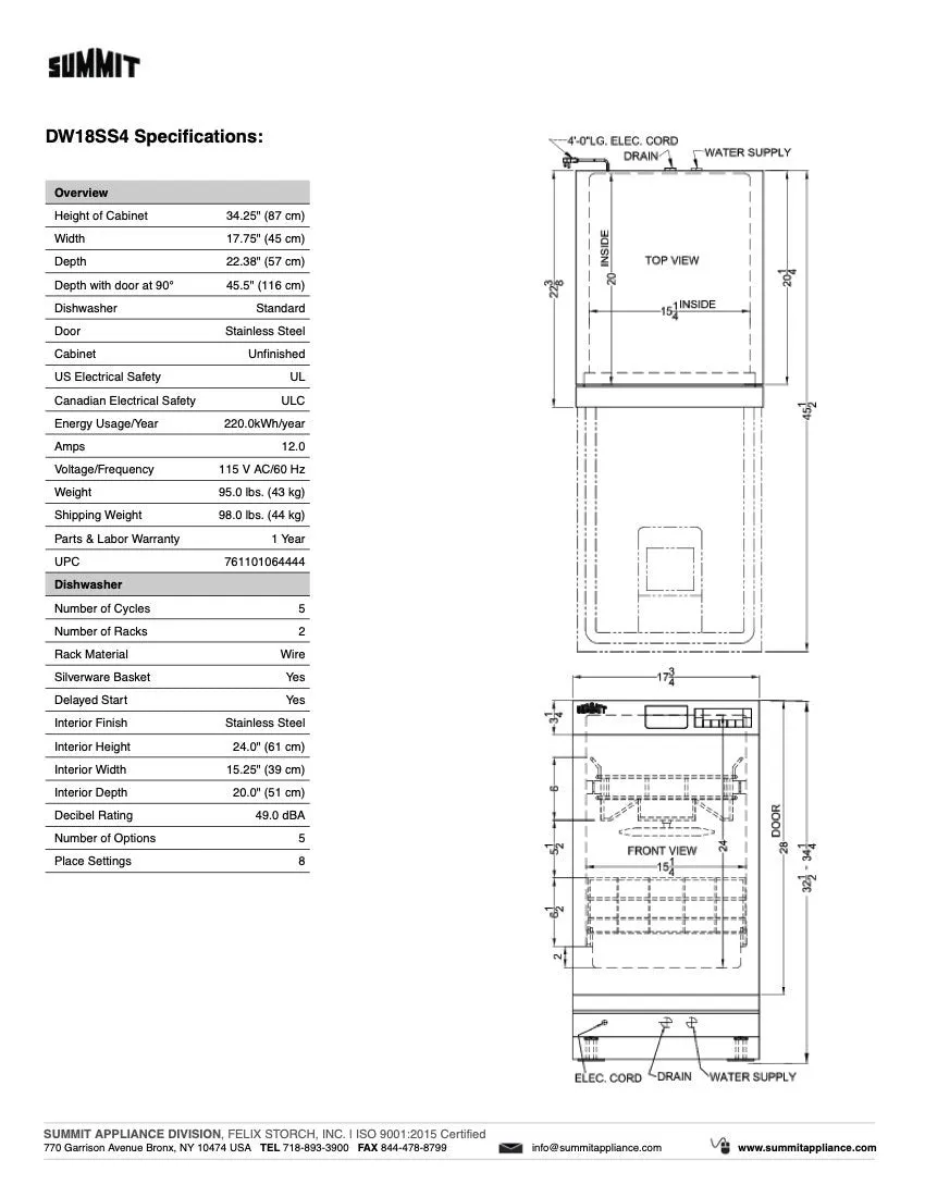 SUMMIT 18 in. Built-In Dishwasher in Stainless Steel (DW18SS4)