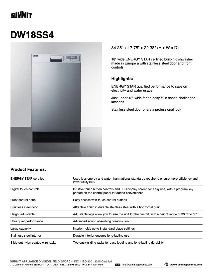 SUMMIT 18 in. Built-In Dishwasher in Stainless Steel (DW18SS4)