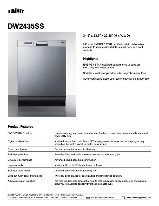SUMMIT 24 in. Built-In Dishwasher in Stainless Steel (DW2435SS)