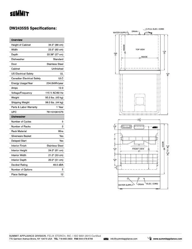 SUMMIT 24 in. Built-In Dishwasher in Stainless Steel (DW2435SS)
