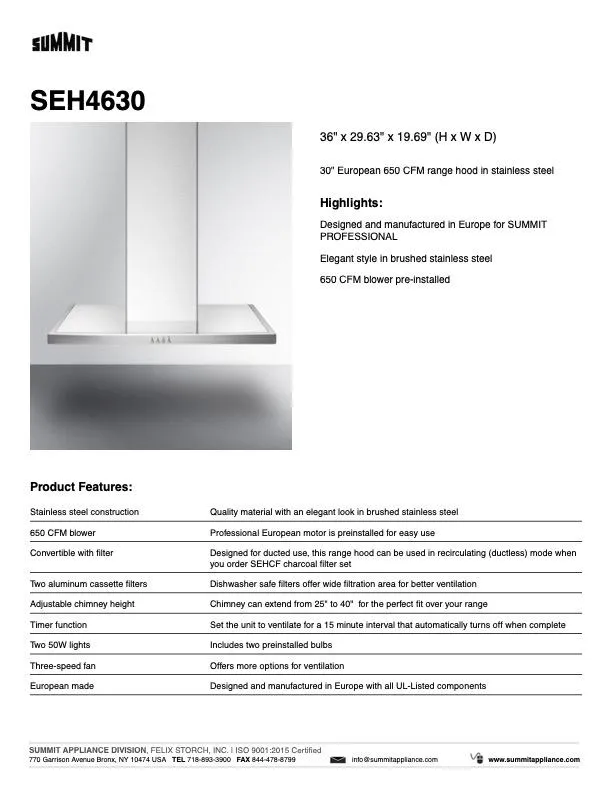 SUMMIT 30 in. Wall Mount Range Hood in Stainless Steel (SEH4630)