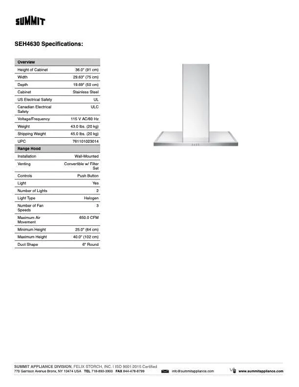 SUMMIT 30 in. Wall Mount Range Hood in Stainless Steel (SEH4630)