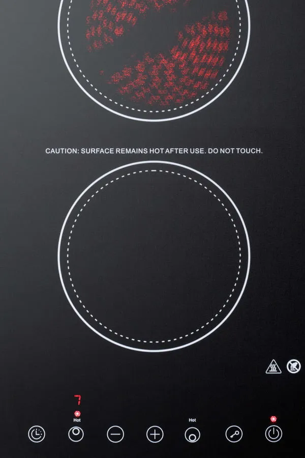 Summit CR2B15T1B 115V 2-Burner Cooktop In Black Ceramic Schott Glass With Digital Touch Controls, 2400W