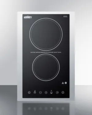 Summit CR2B23T3BTK15 230V 2-Burner Cooktop In Black Ceramic Schott Glass With Digital Touch Controls And Stainless Steel Frame To Allow Installation In 15" Wide Counter Cutouts, 3000W