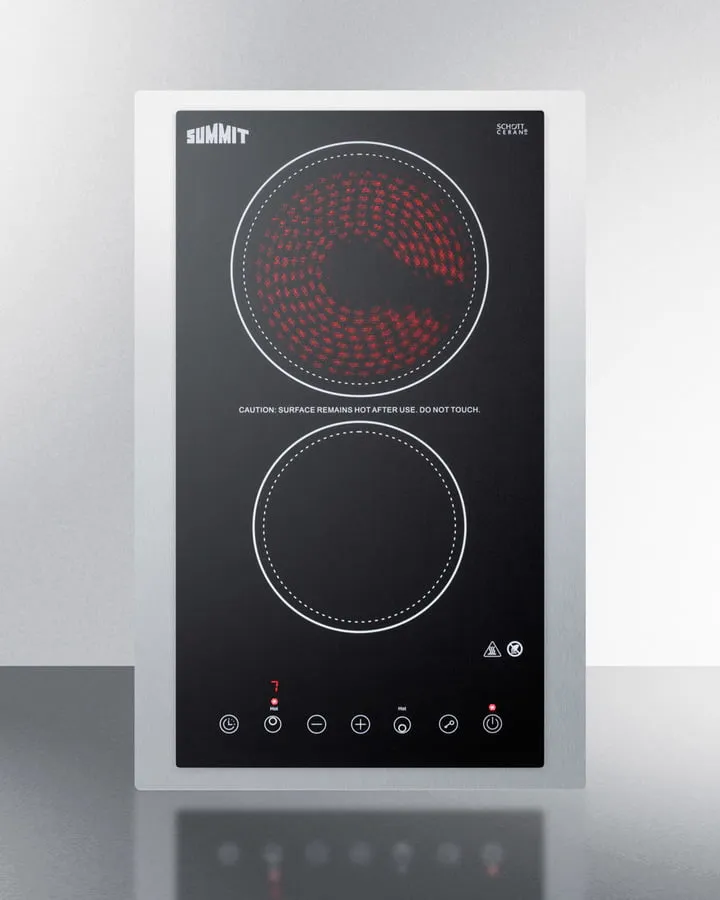 Summit CR2B23T3BTK15 230V 2-Burner Cooktop In Black Ceramic Schott Glass With Digital Touch Controls And Stainless Steel Frame To Allow Installation In 15" Wide Counter Cutouts, 3000W