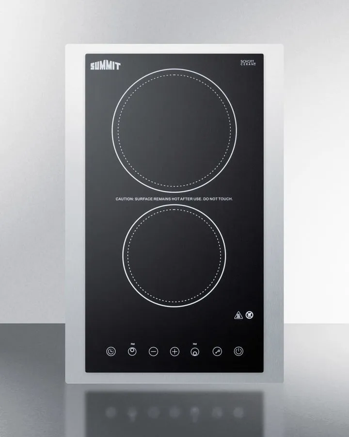 Summit CR2B23T3BTK15 230V 2-Burner Cooktop In Black Ceramic Schott Glass With Digital Touch Controls And Stainless Steel Frame To Allow Installation In 15" Wide Counter Cutouts, 3000W
