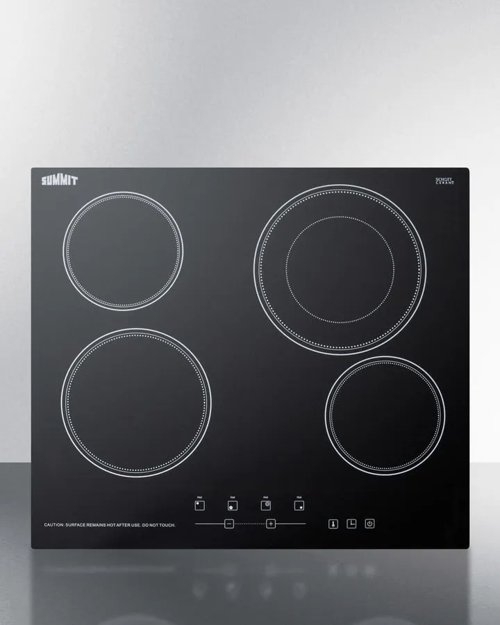 Summit CR4B23T5B 230V 4-Burner Cooktop In Black Ceramic Schott Glass With Digital Touch Controls And An Extra Large 8" Dual Cooking Element