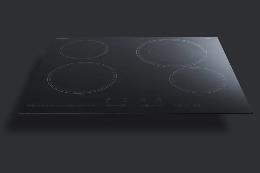 Summit CR4B23T5B 230V 4-Burner Cooktop In Black Ceramic Schott Glass With Digital Touch Controls And An Extra Large 8" Dual Cooking Element
