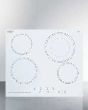 Summit CR4B23T6W 230V 4-Burner Cooktop In White Ceramic Schott Glass With Digital Touch Controls And An Extra Large 8" Dual Cooking Element