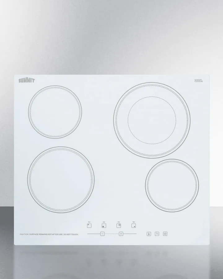 Summit CR4B23T6W 230V 4-Burner Cooktop In White Ceramic Schott Glass With Digital Touch Controls And An Extra Large 8" Dual Cooking Element