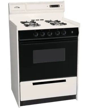 Summit SNM6307CDK Deluxe Bisque Gas Range In Slim 24" Width With Electronic Ignition, Digital Clock/Timer, Black See-Through Glass Oven Door And Light; Replaces Stm6307Dk