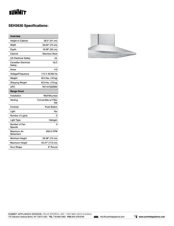 SUMMIT Wall Mount Range Hood in Stainless Steel (SEH36)