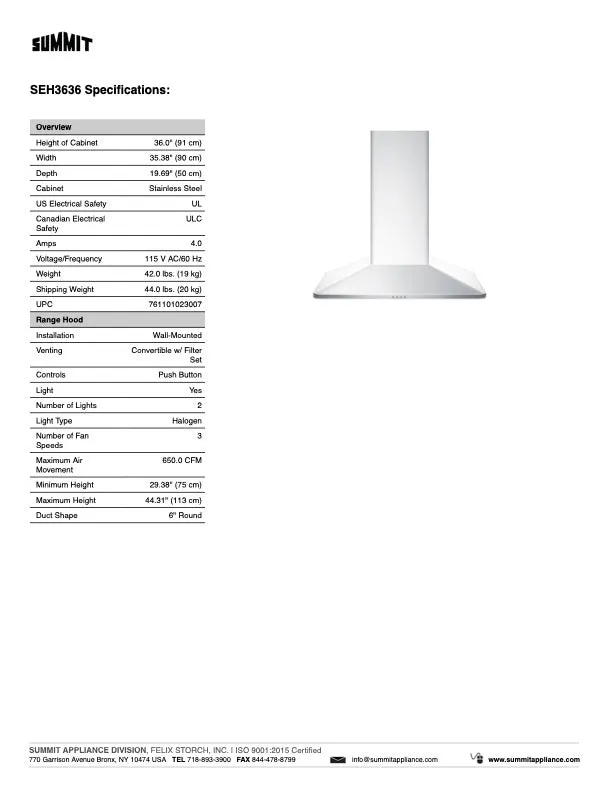 SUMMIT Wall Mount Range Hood in Stainless Steel (SEH36)