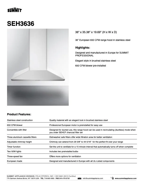 SUMMIT Wall Mount Range Hood in Stainless Steel (SEH36)