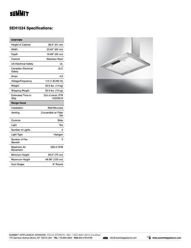 SUMMIT Wall Mount Range Hood (SEH15)