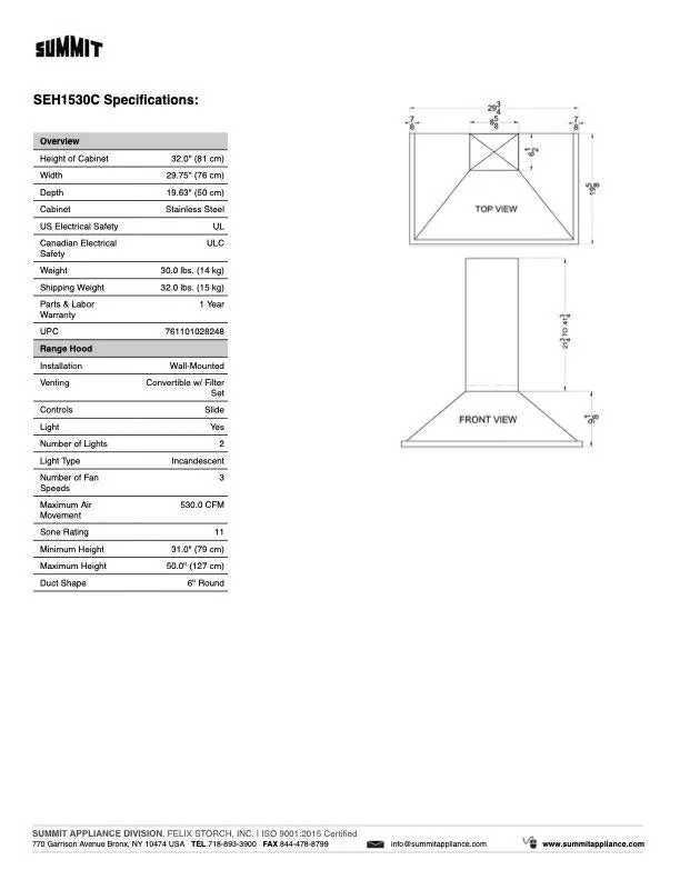 SUMMIT Wall Mount Range Hood (SEH15)