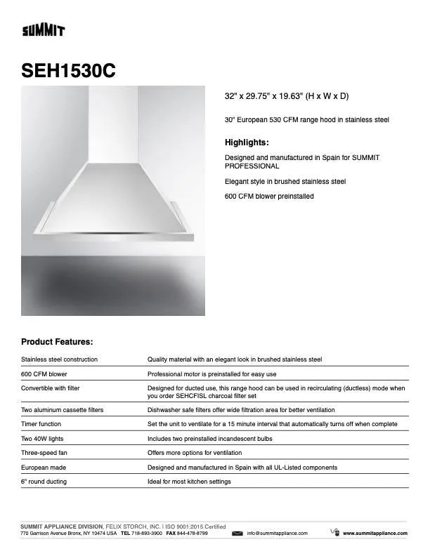 SUMMIT Wall Mount Range Hood (SEH15)