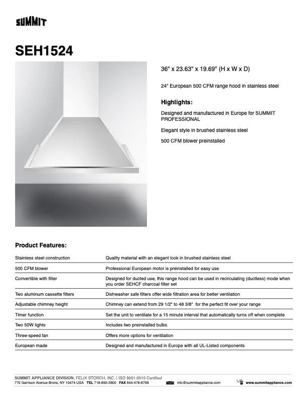 SUMMIT Wall Mount Range Hood (SEH15)