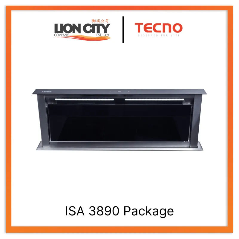 Tecno Uno ISA 3890 Package Down Draft Hood Black Tempered  Glass W/ Stainless Steel Trim 90cm, 4 Speeds Electronic Sensor, Elevator Hood Body