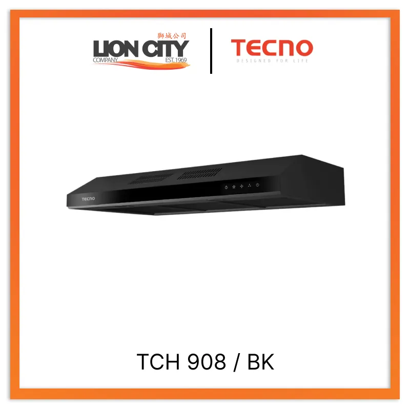 Tecno Uno TCH 908 / BK Slim Line Hood Full Black 90cm, Twin Motor, Touch Control